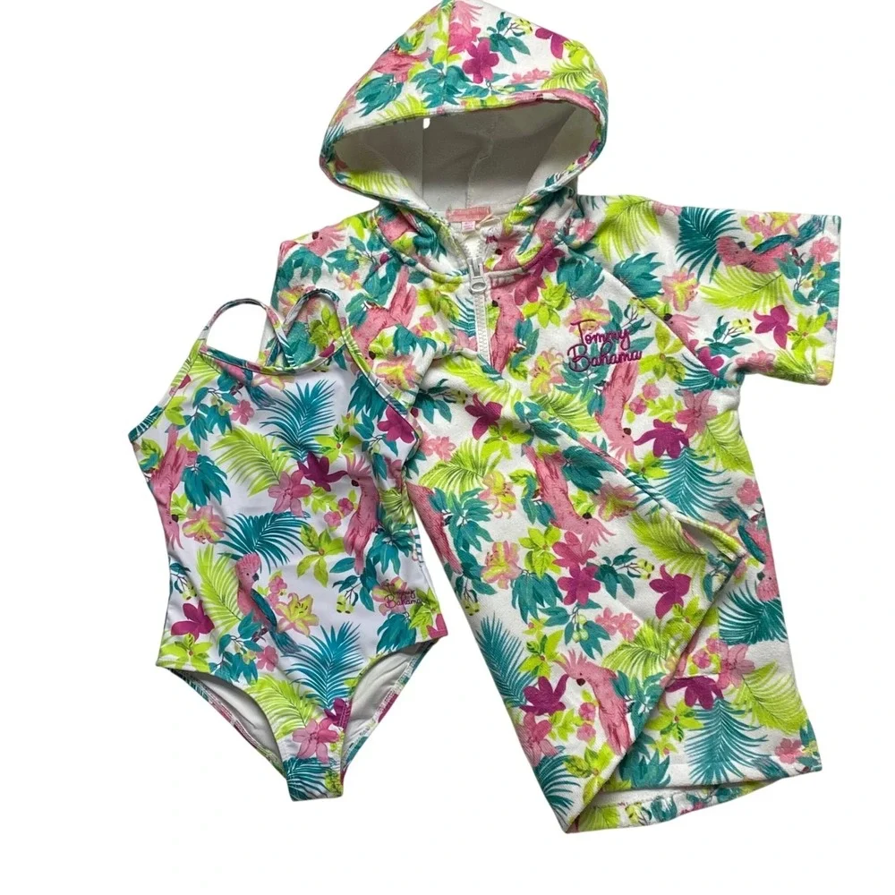 Tommy Bahama Girls Tropical Parrot Floral 1 Piece Swimsuit &Cover Up Set 6/7 NWT